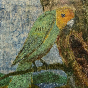 Vintage Painting of Tropical Parrot Attributed to John Beauchamp - 1950s Oil on Canvas - 13" x 11" - Beach Artwork - Folk Art Paintings