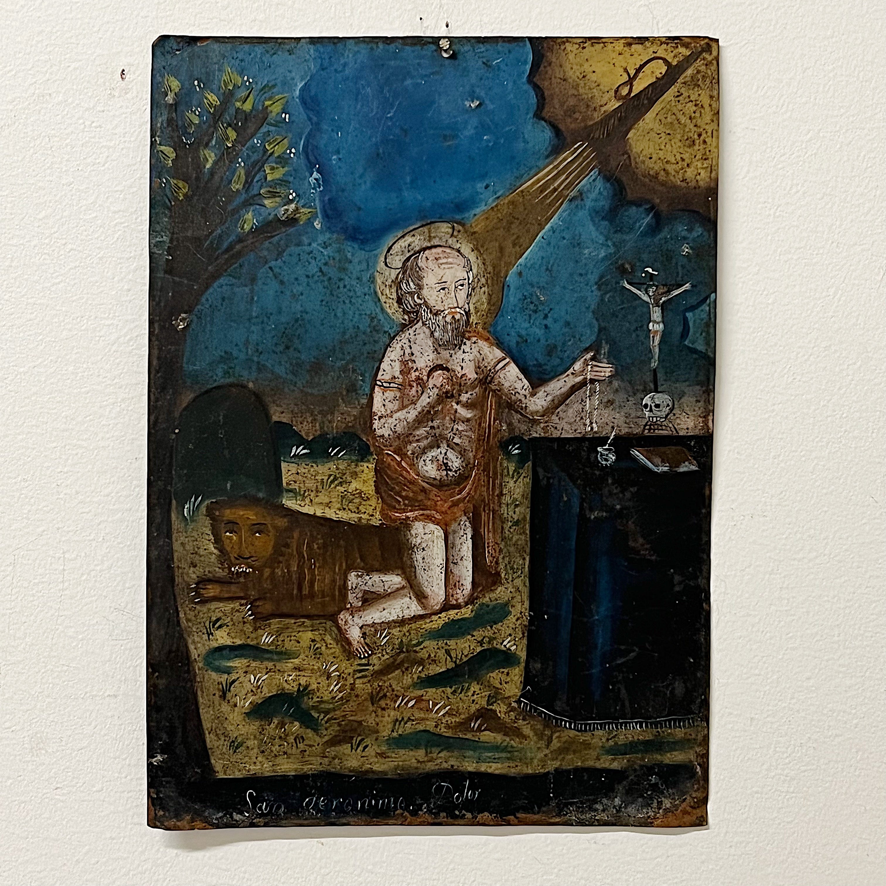Rare 19th Century Tin Retablo of Saint Jerome and Lion - Turn of the Century - Rare Antique Mexican Art - 1700s 1800s Painting with Skull