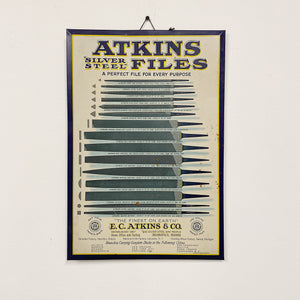 Antique Atkins Files Tin Sign - Early 1900s - Rare Industrial Tool Advertising - K.C. Atkins & Company - Silver Steel Files - Lithograph 