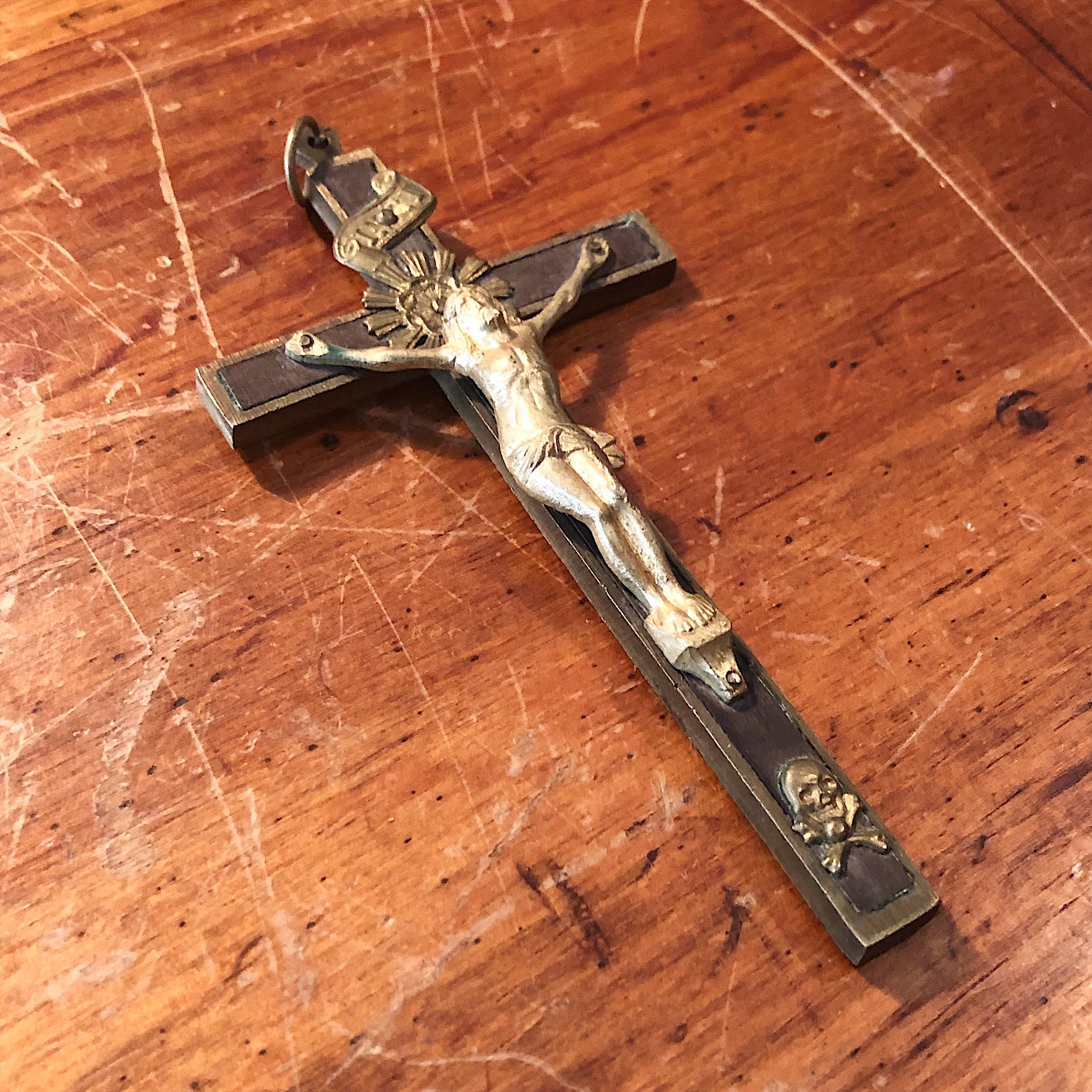 Antique Brass Crucifix with Smiling Skull and Crossbones - Early 1900s  - Vintage Inlay Pectoral Cross - Priest Nuns - Necklace Pendant?