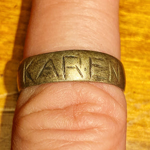 Rare Antique Ring with "Karen" Carved into Band - Size 9.5 -  Vintage Unusual Jewelry - Sterling Silver? - Primitive Statement Rings - Rare