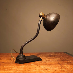 Antique Gooseneck Desk Lamp with Unusual Shade - 1920s Art Deco Period - Industrial Gun Metal Light