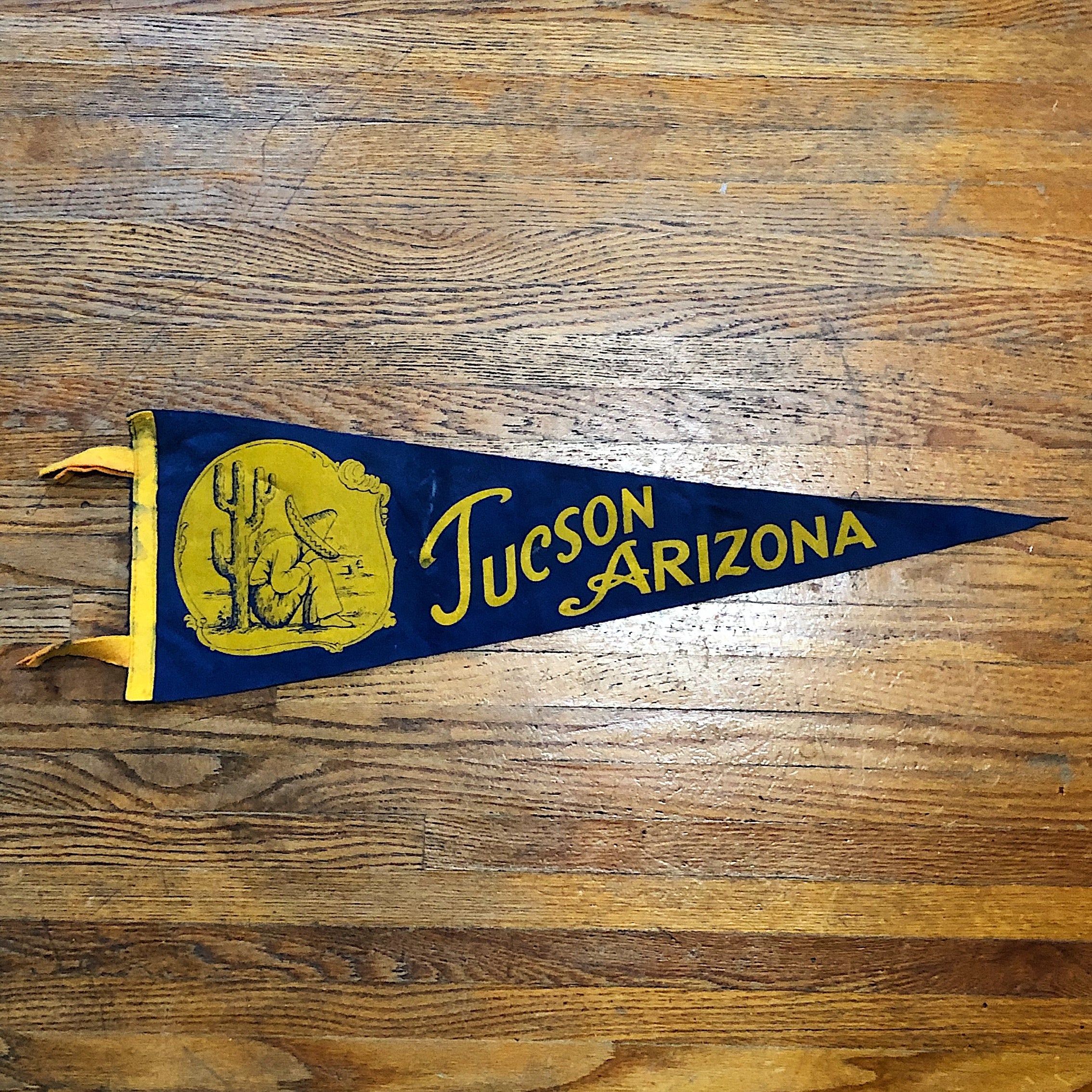 1930s Tucson Arizona Pennant with Desert Graphic - Blue and Yellow Vintage Flag - Rare Local Memorabilia - Sombrero and Cactus