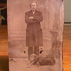 Antique Tintype of Serious Man and Dog - Rare Pet Photography - Unusual Late 1800s Photograph - Gangster? - Underground Image Weird