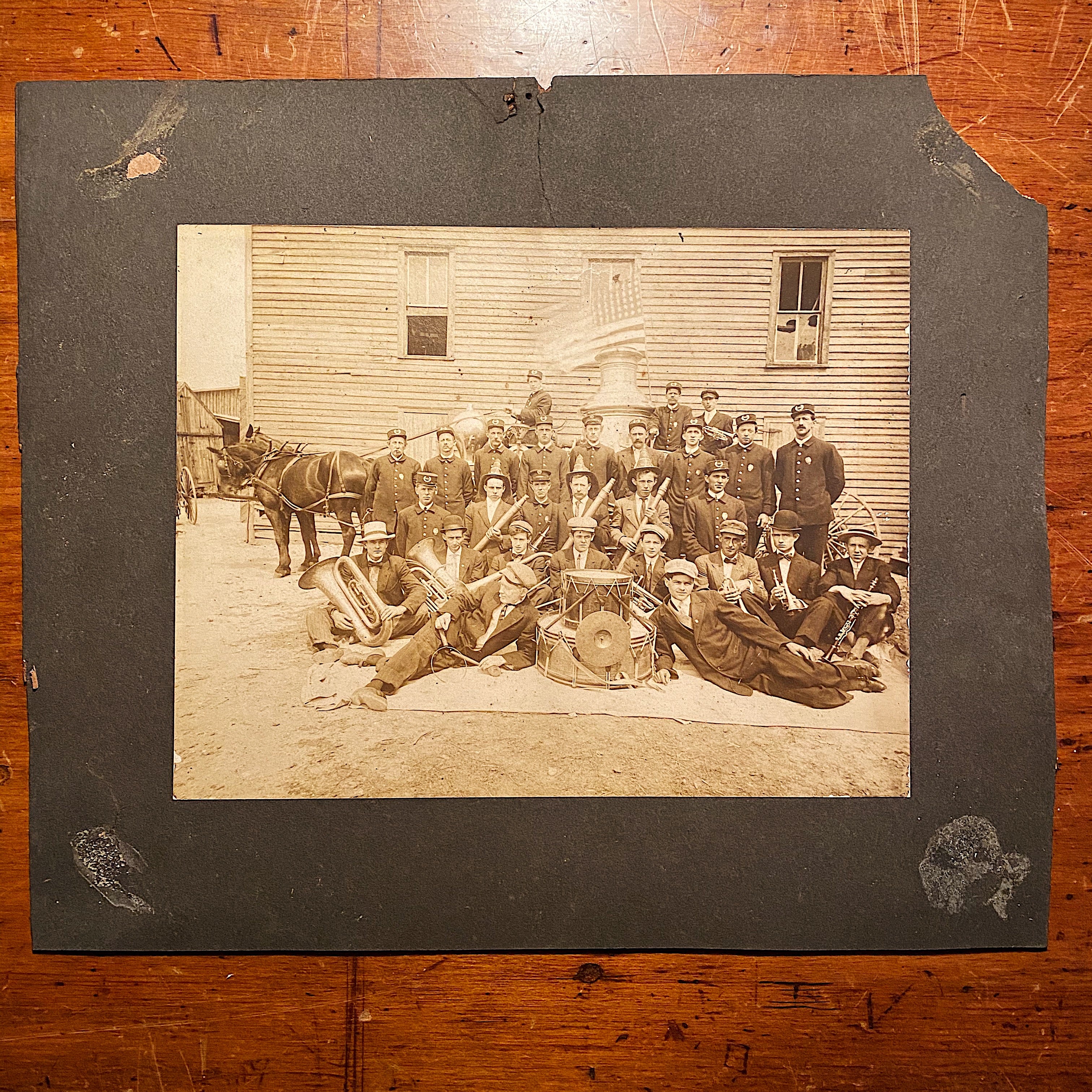 Antique Firemen Photograph - Early 1900s Firefighters Posing with Flag - Horse Drawn Fire Engine - Unusual Old Photography - Rare Image