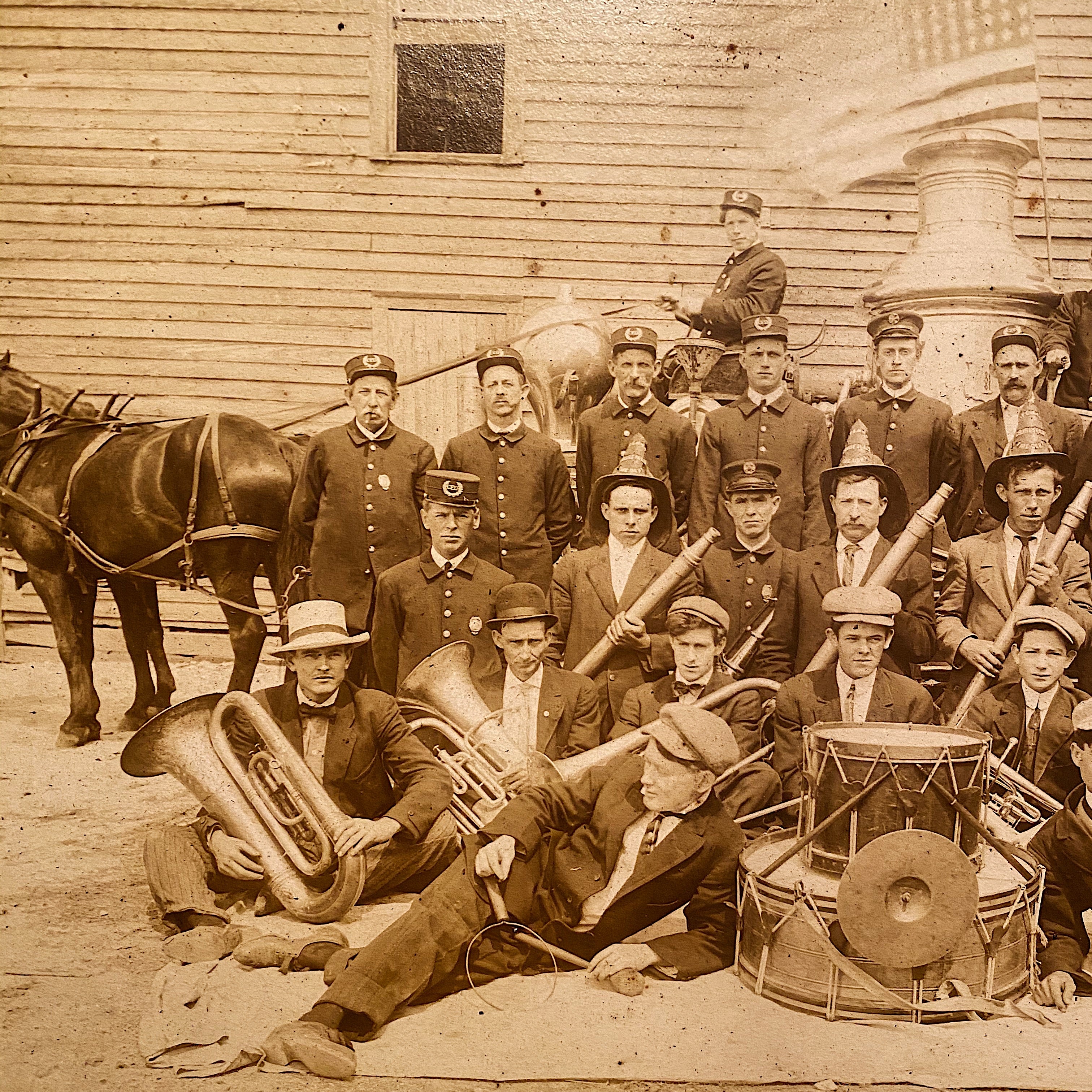 Antique Firemen Photograph with Flag |  Early 1900s