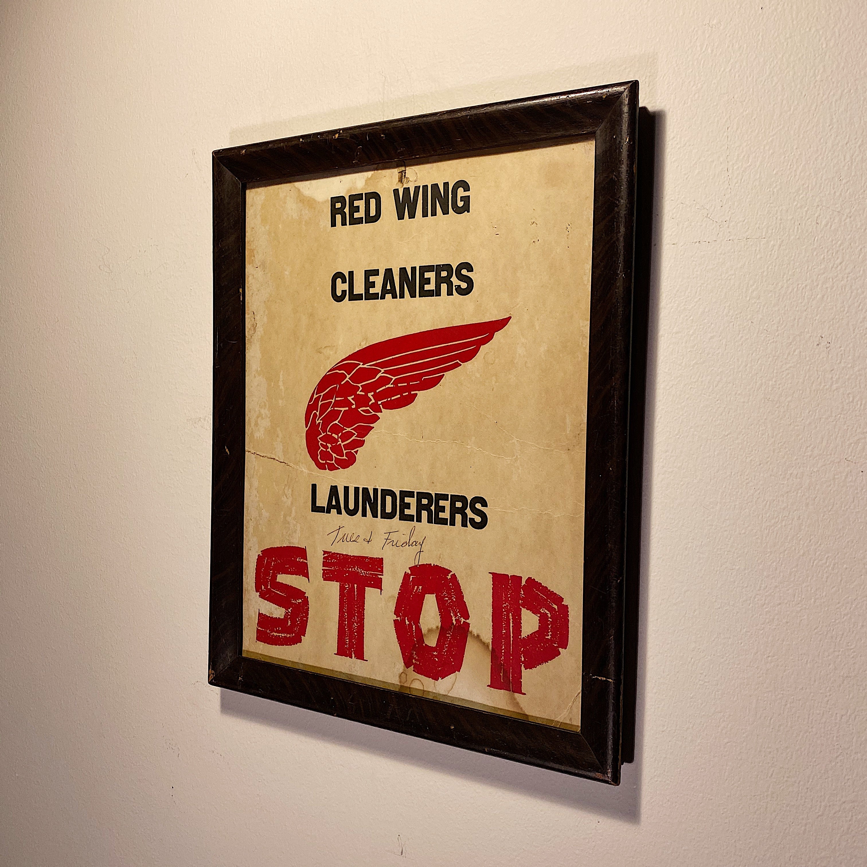 Cool sign Vintage Red Wing Store Sign - 1950s Cleaning Launder - Leather Work Boots -  Red Broadside Block Print - Rare Minnesota History - Cool Decor