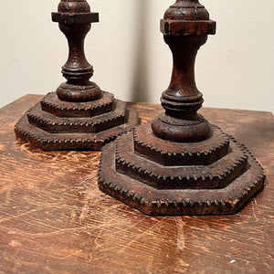 Base Antique Folk Art Gothic Wood Candleholders- Early 1900s Tramp Art - Unusual Underground Artwork - English Gothic Influence - Set of 2