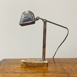 Sideview of 1930s French Chrome Articulating Desk Lamp with Marble Base - L'Artisanat Francais - Art Deco Paris France - Makers Mark - Antique Lighting