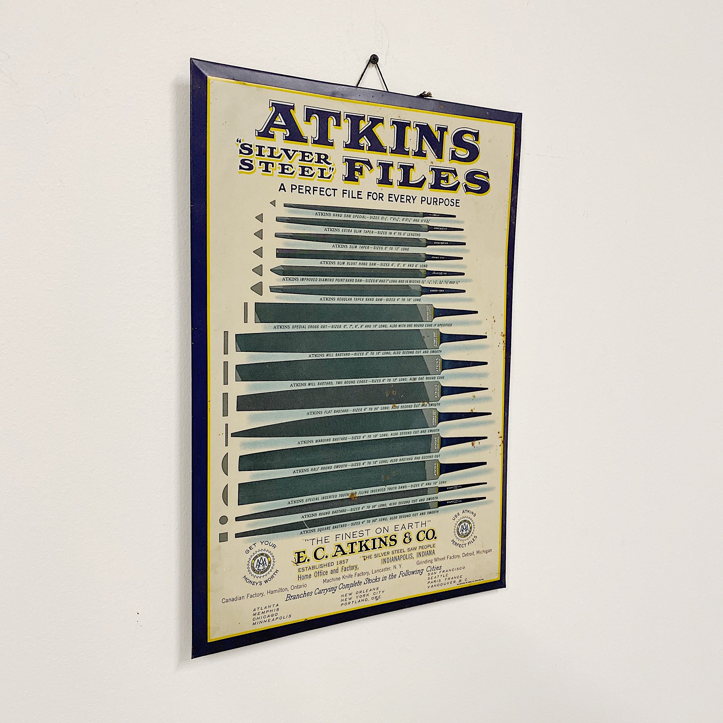 Antique Atkins Files Tin Lithograph Sign | Rare Early 1900s
