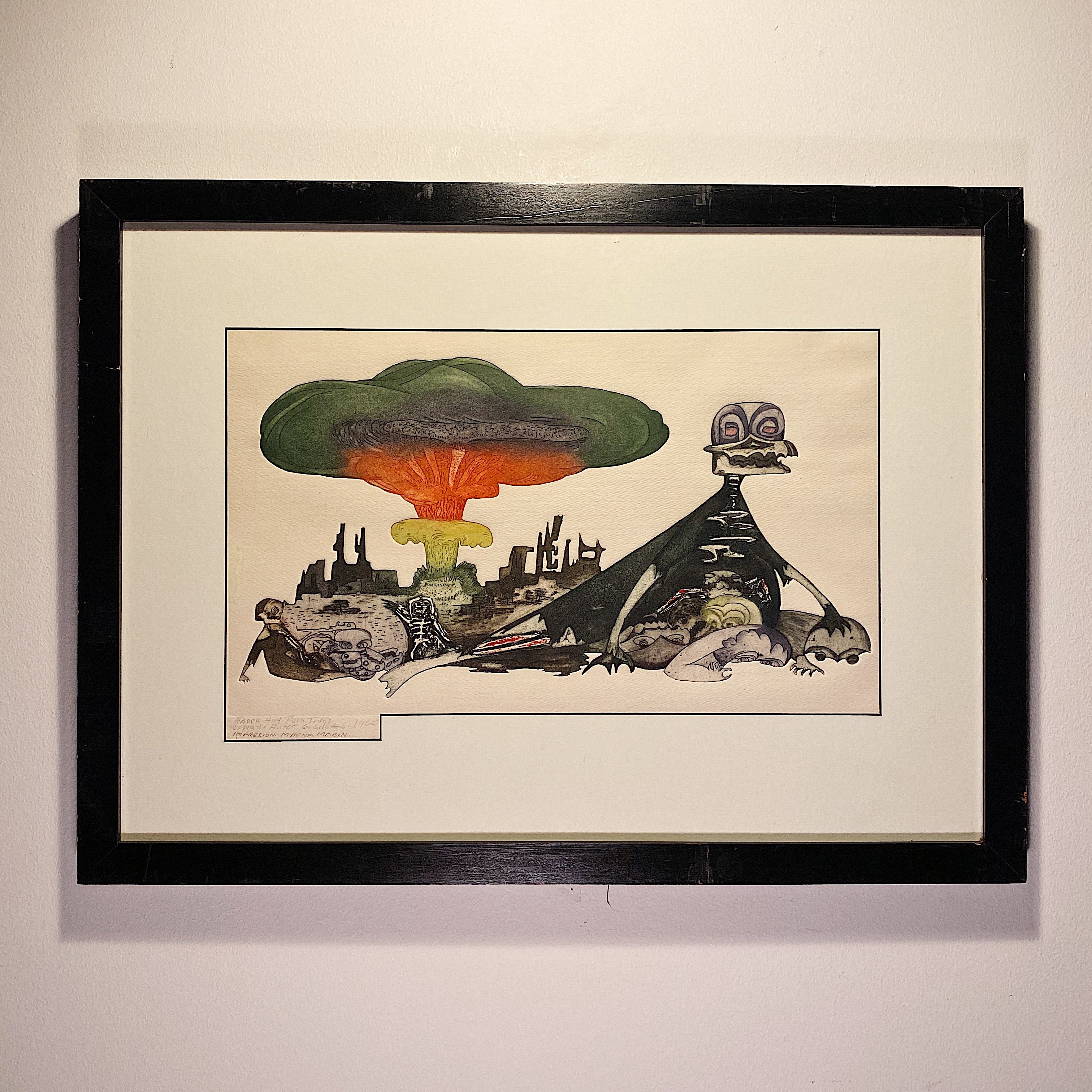 Guillermo Silva Santamaria Engraving in Color from 1960 -  Ahora Hay Para Todos - Surreal Scene - Apocalyptic Vision - Rare Surrealist Art