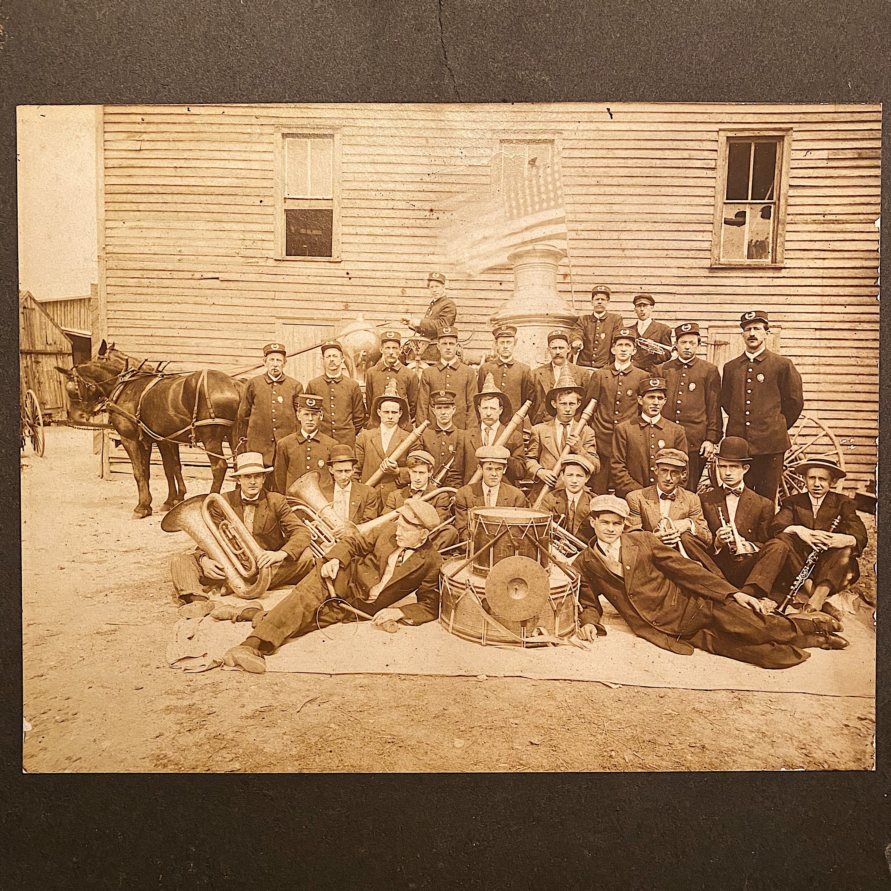 Antique Firemen Photograph - Early 1900s Firefighters Posing with Flag - Horse Drawn Fire Engine - Unusual Old Photography - Rare Image Cool 