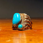 Side view of Vintage Dead Pawn Turquoise Biker Ring - Navajo Men's Size 9 - Unmarked Early Example - Rare Unusual Southwestern Design