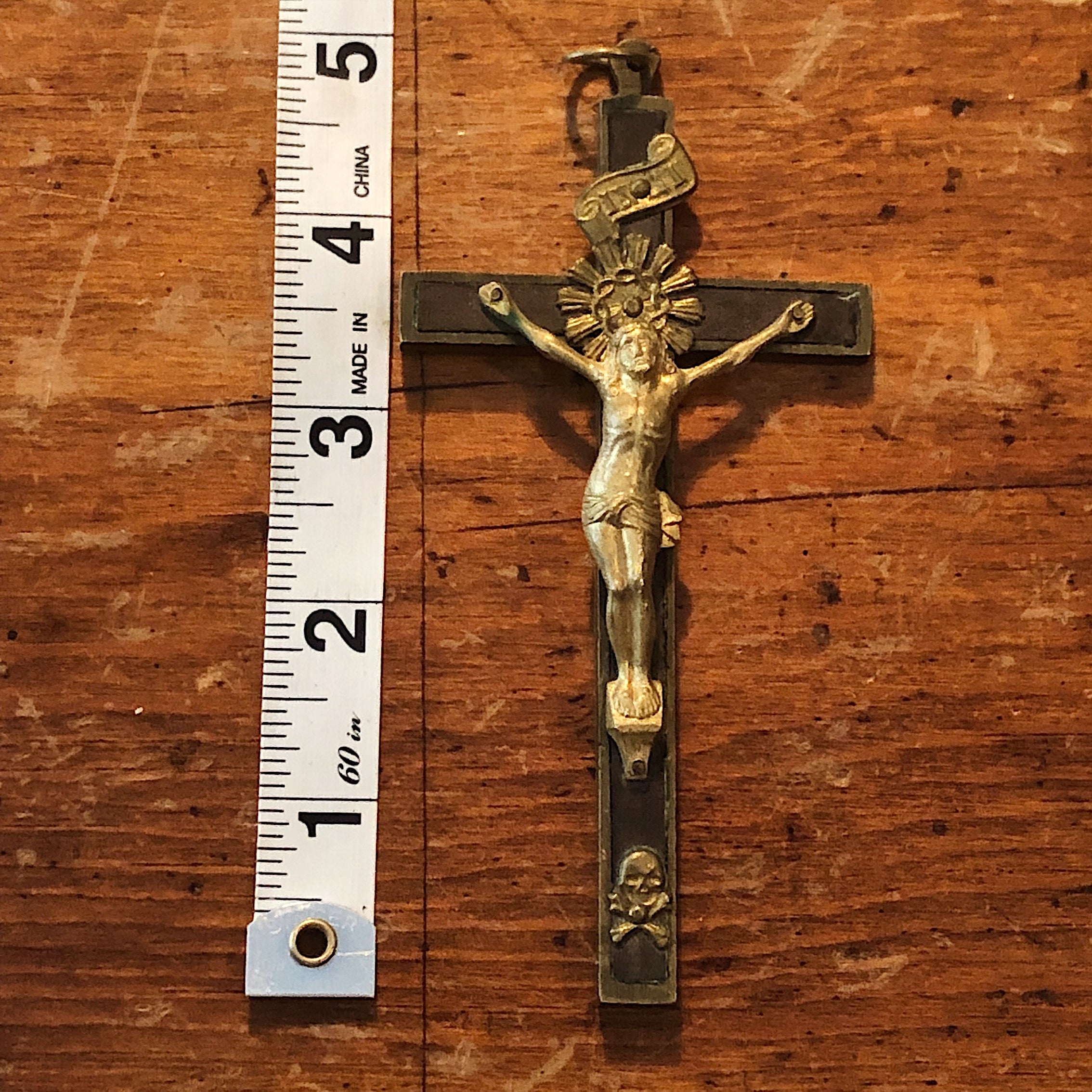 Antique Brass Crucifix with Smiling Skull and Crossbones | Early 1900s