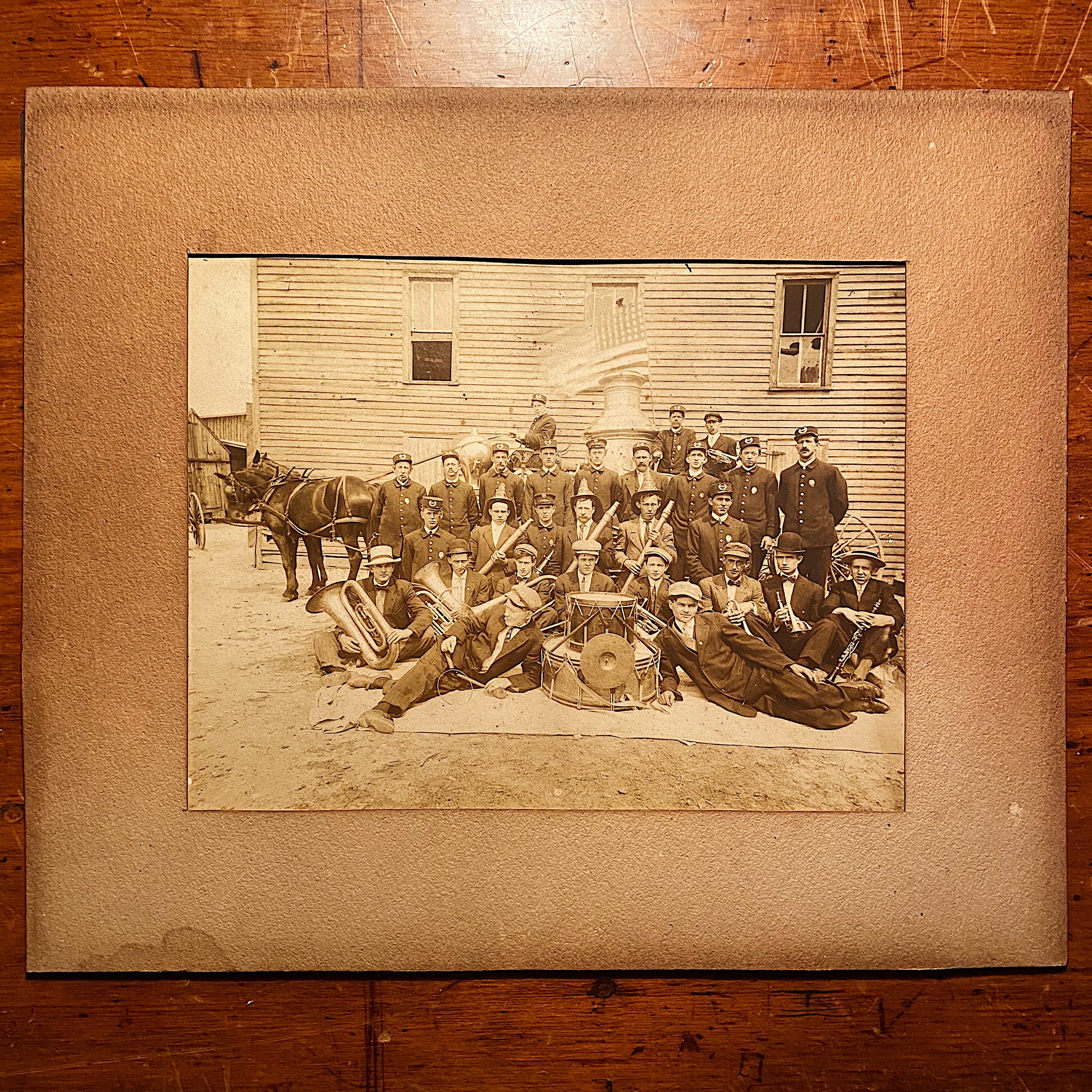 Antique Firemen Photograph with Flag |  Early 1900s