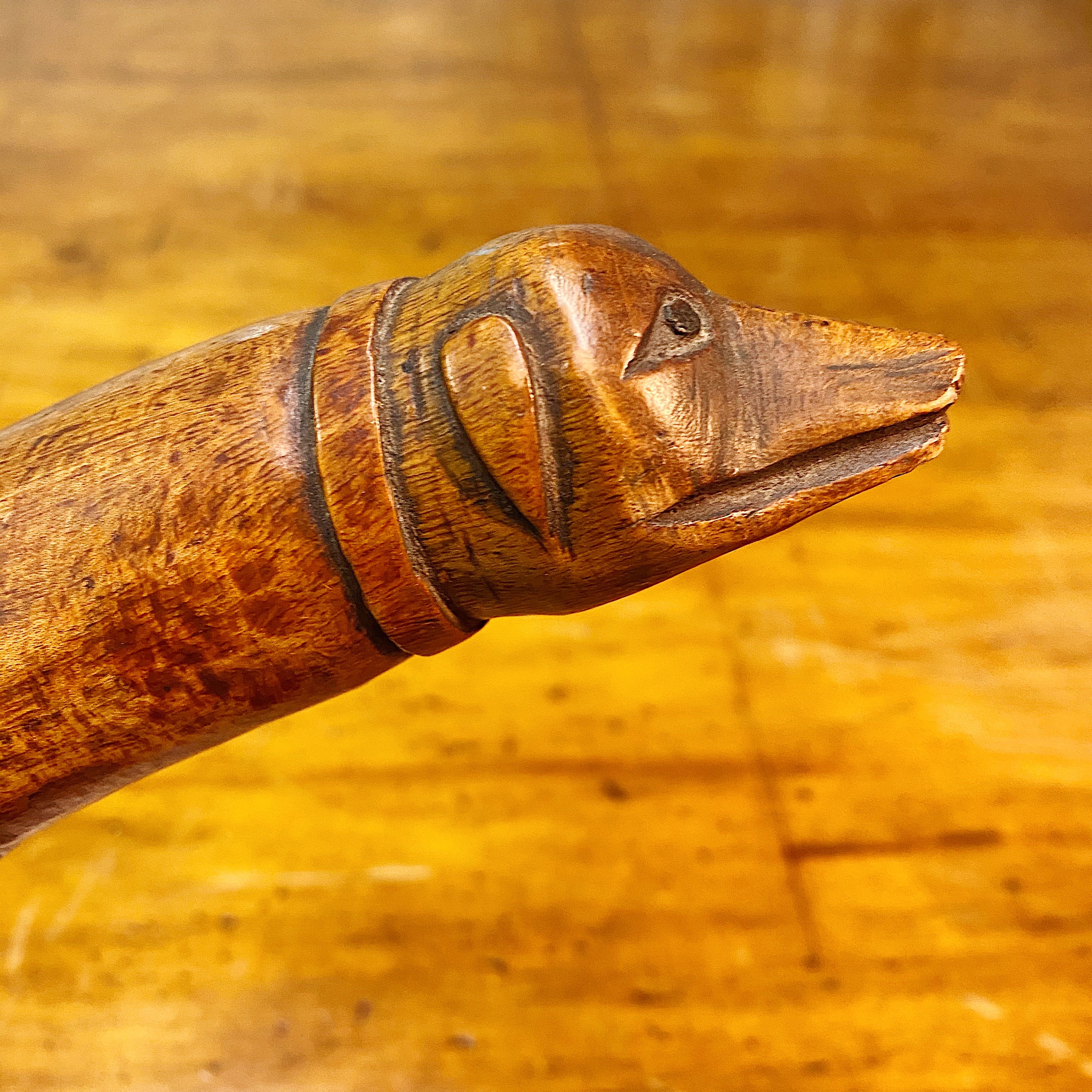 19th Century Folk Art Walking Stick - Rare 1800s Dog Cane - Unusual Wood Carving - Lead Ferrule