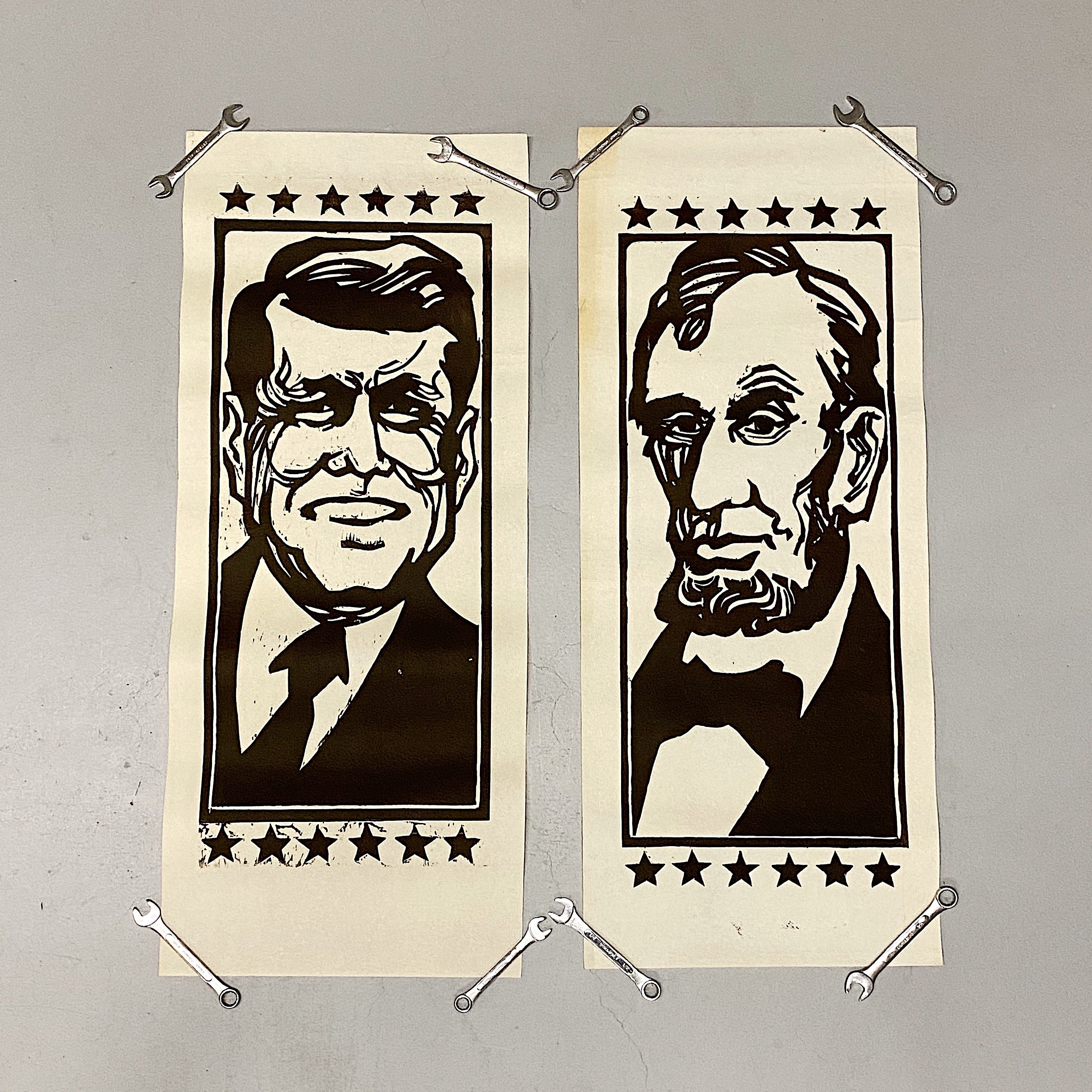 1960s Presidential Woodcut Prints on Thick Paper - Vintage Promotional Wall hangings - JFK - Abraham Lincoln - Ike - Rare Street Art