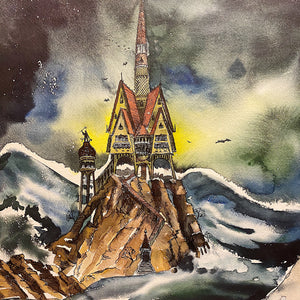 1970s Illustration Art Painting - "Haunted Lighthouse" - Signed Stanley Johnson 1971 - Vintage Horror Artwork - Dracula Paintings - Gothic