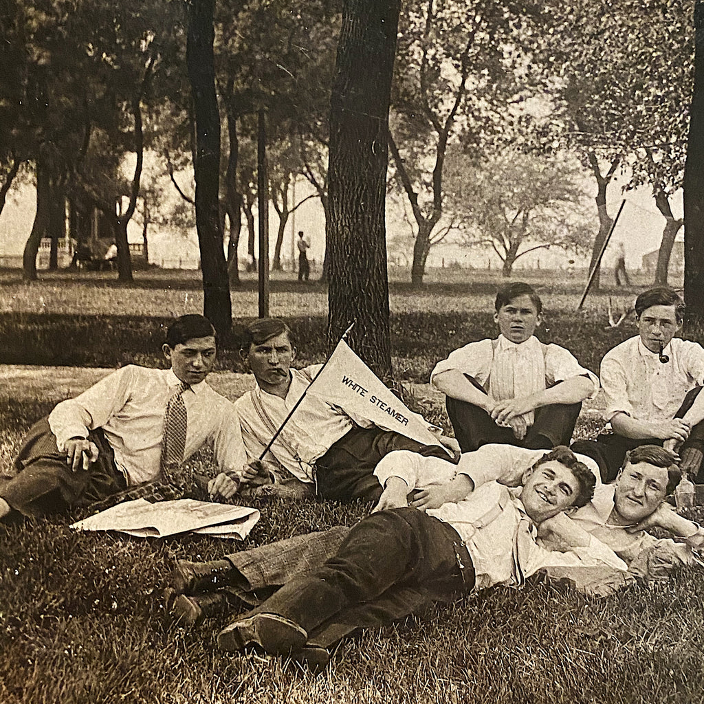 Antique RPPC of White Steamer Group on Campus - Early 1900s Unusual Postcard  - College Students Lounging - Strange Vintage Postcards