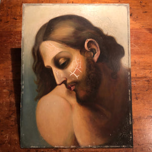 19th Century Painting of Christ with Craquelure Tattoos -  1800s - F.W. Devoe Tag  - Mystery Artist - Rare Religious Artwork