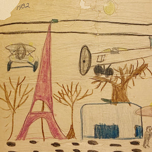 John Beauchamp Child Drawings from 1932 - Rare Depression Era Artwork - Set of 2 - Listed Artist - Eiffel Tower - World War Planes  Folk Art