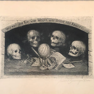 Skull and Bones Tomb Print by  Carl Muller Baumgarten - 1900 - Vanitas Motivik - Wer War Der Tor, Wer Weiser - Memento Mori - Signed