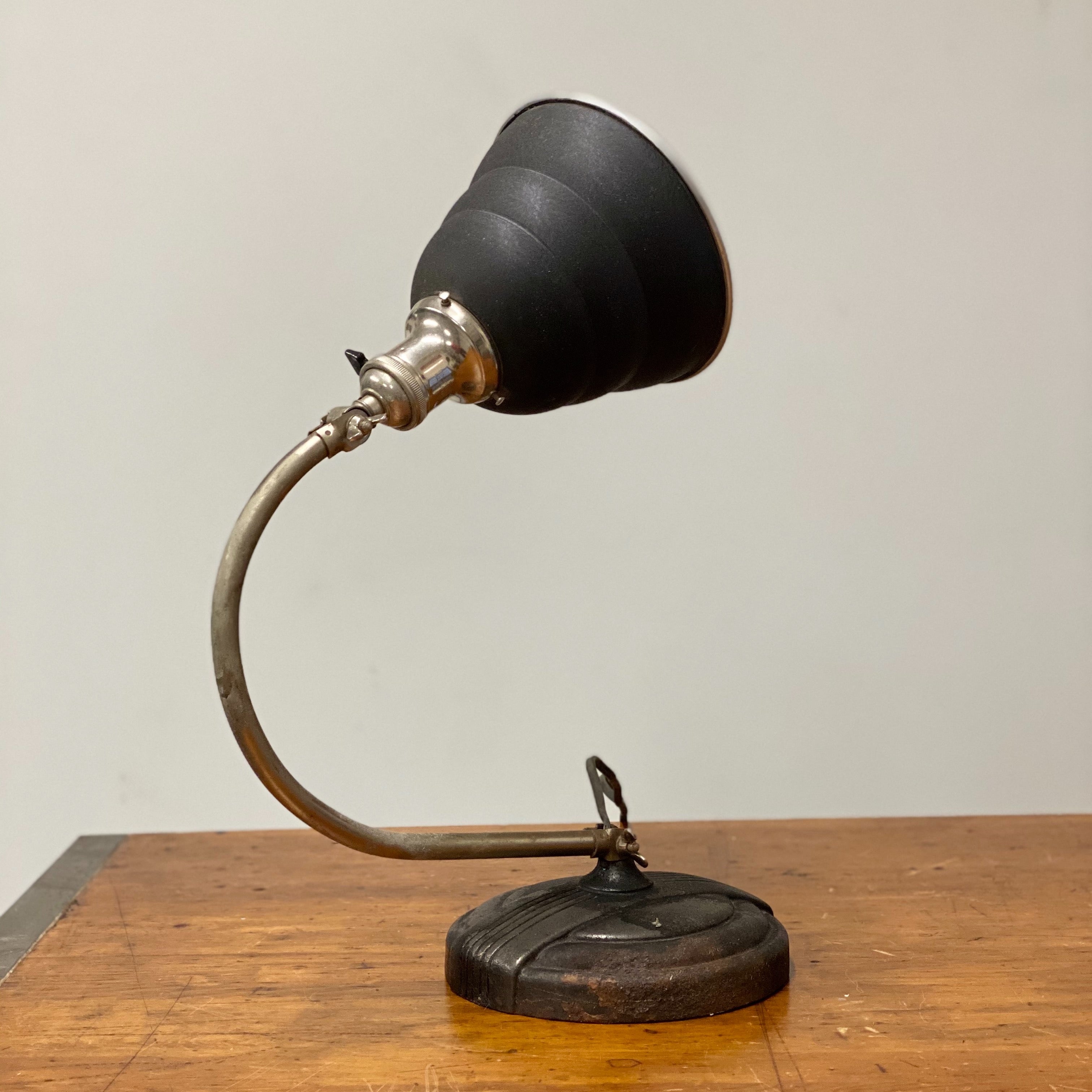 High view of Vintage Articulating Desk Lamp with Unusual Shade - General Electric - Rare Art Deco Light - Decor - Black and Tan - Antique Lighting