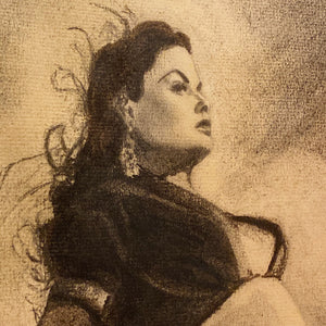 Tony Charmoli Charcoal Drawing of Belly Dancer - 1960s - Vintage Hollywood Artwork - Pin Up Art - Entertainment Artist - Rare Signed Strike a Pose 