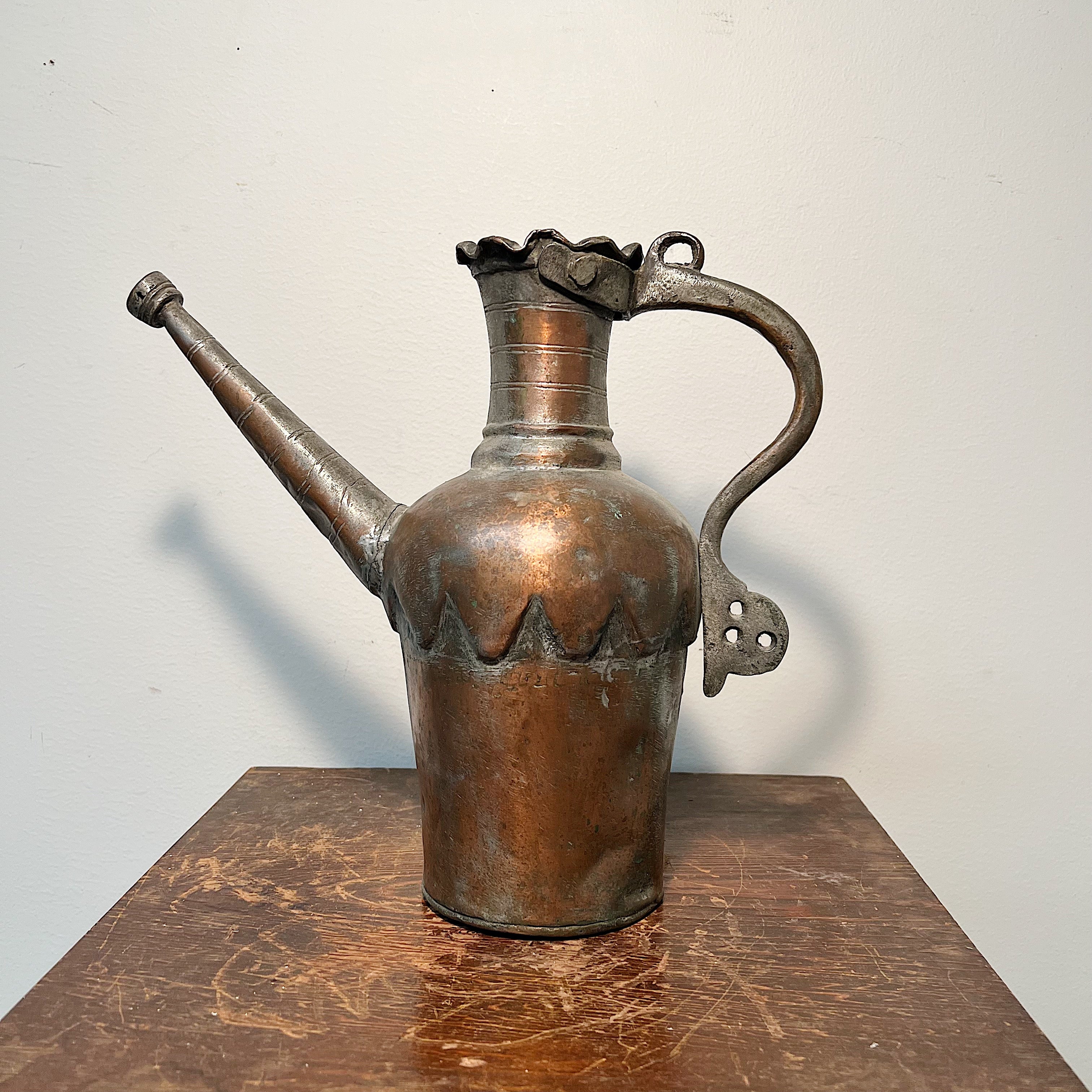Early Copper Pitcher Pot with Thick Dovetailed - 1700s? - Handmade Antique Wrought Iron Metalware - Rare Rustic Decor - Articulating Handle Rare