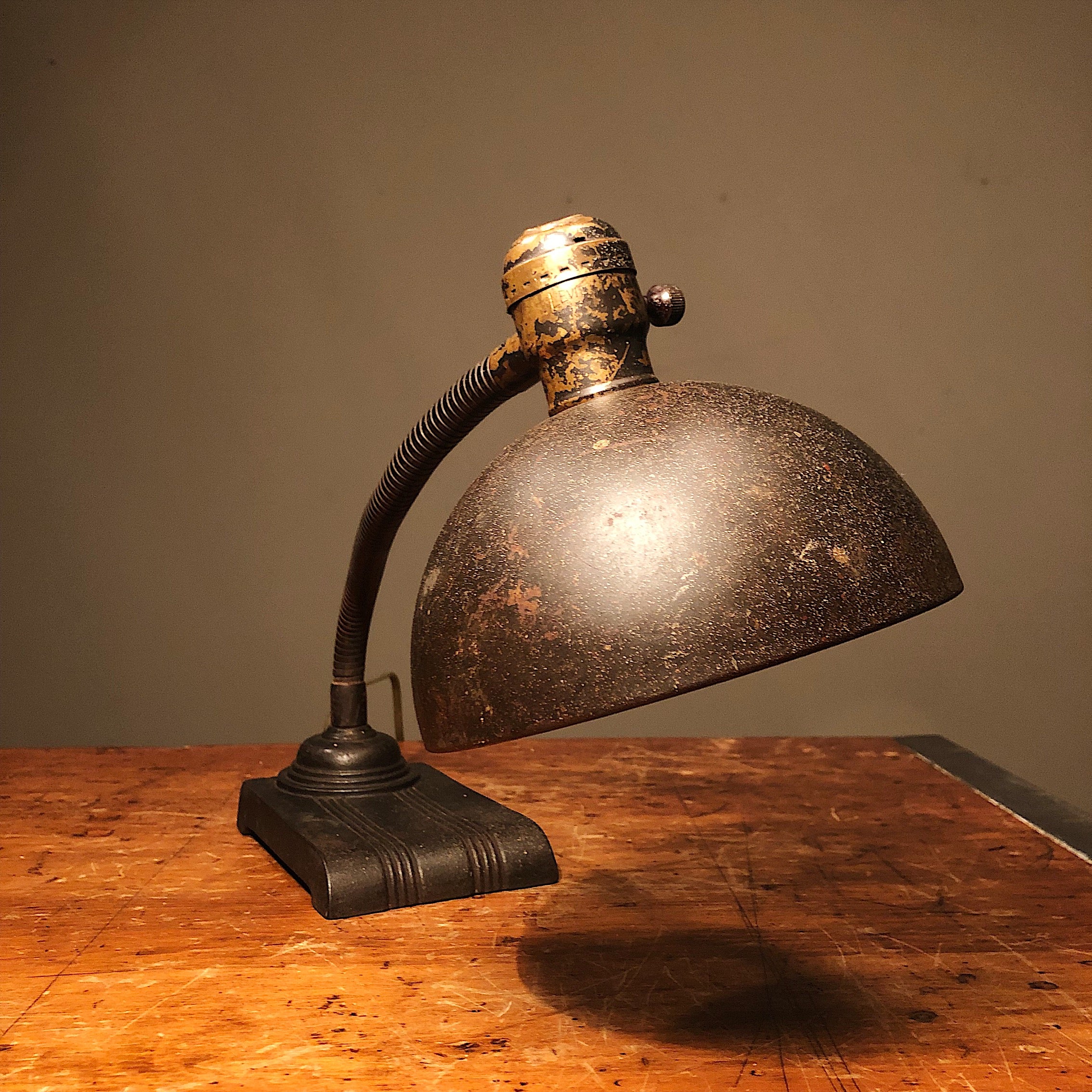 Antique Gooseneck Desk Lamp with Unusual Shade - 1920s Art Deco - Industrial Gun Metal Light