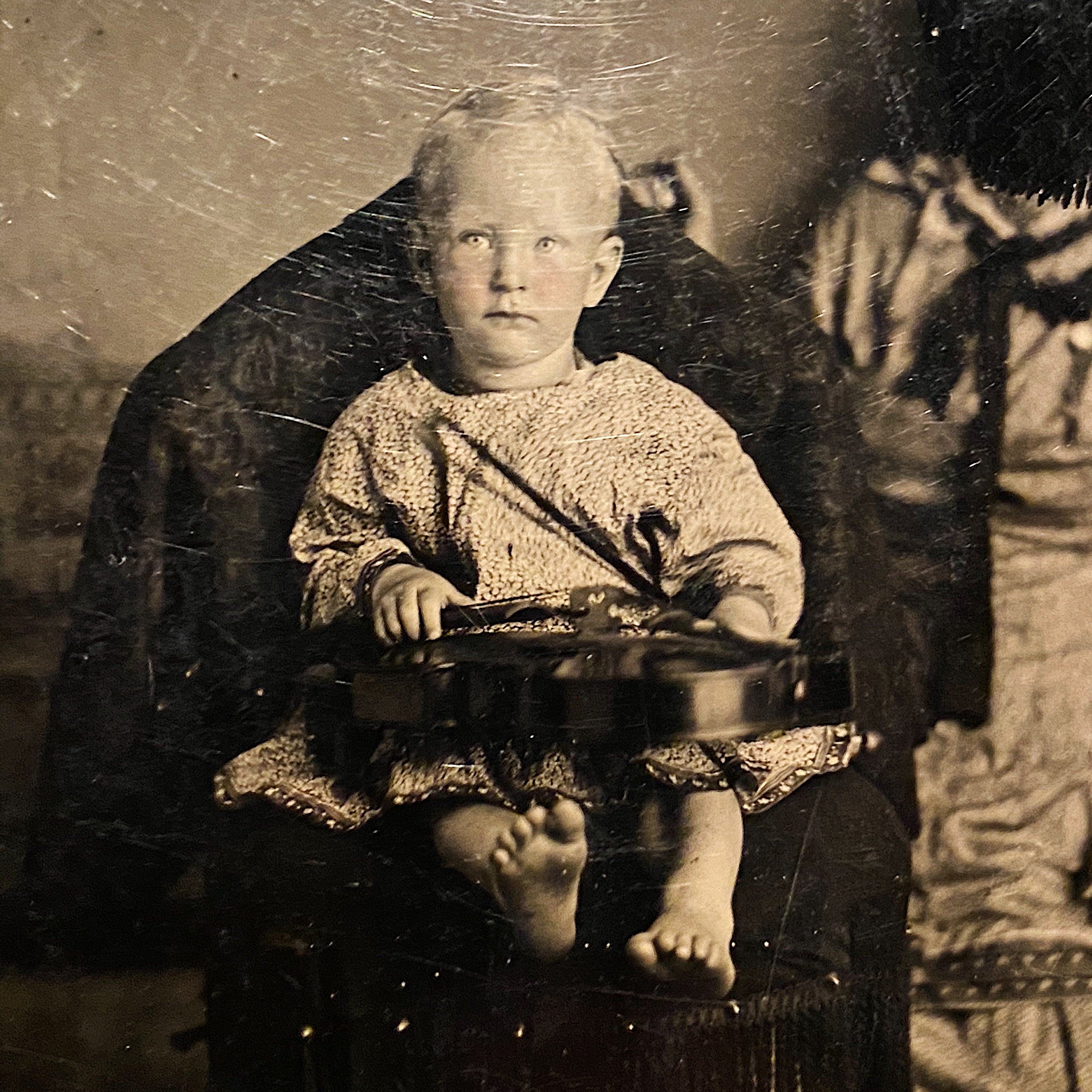 Antique Tintype of Child Holding a Violin - Early 1900s - Whimsical Scene - Unusual Photography - Rare Musical Photo