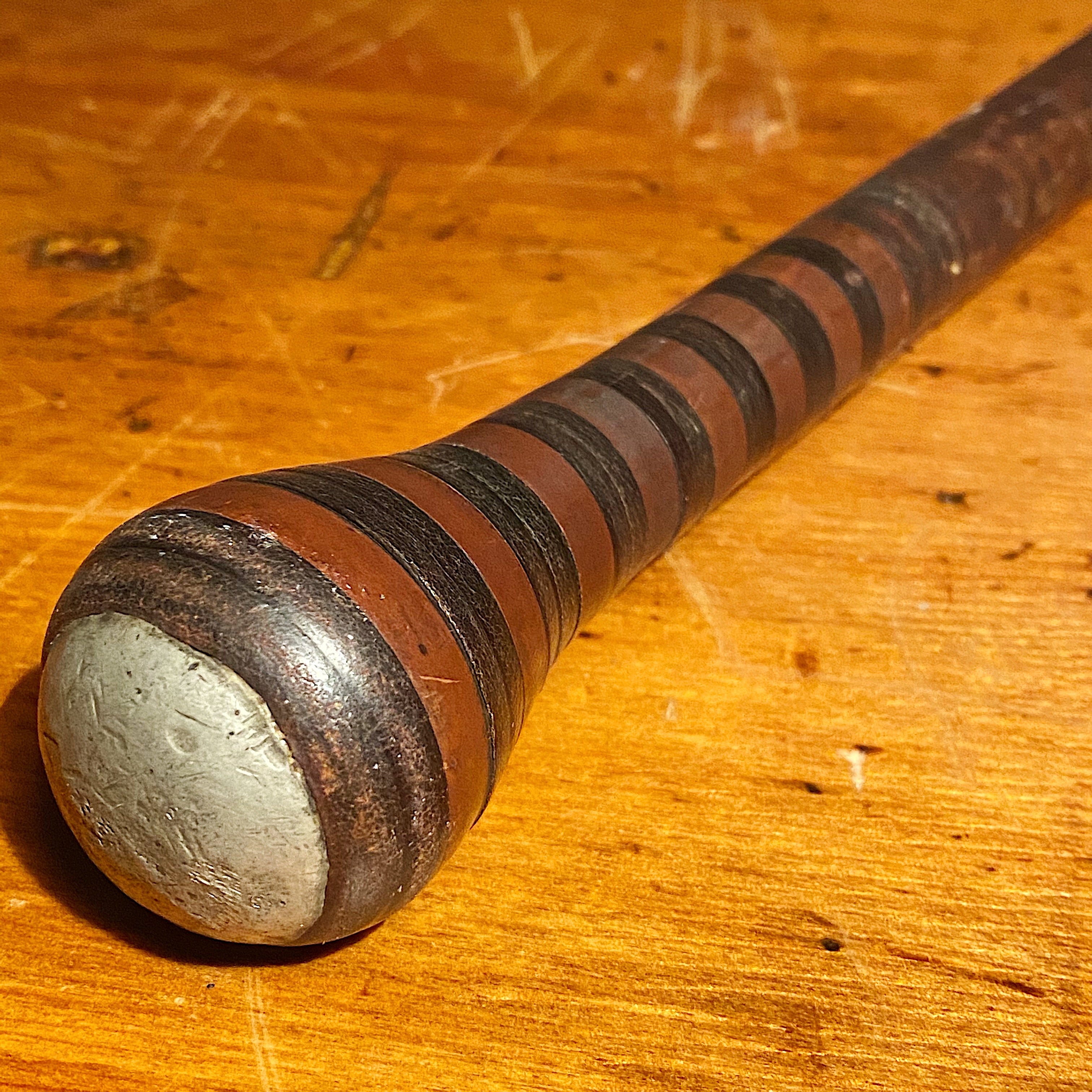 Antique Stacked Leather Cane with Tiger Stripe Handle - 1800s - Rare 19th Century Walking Stick - Weapon Artifact - Unusual Folk Art 