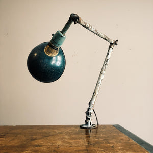 Vintage Industrial Articulating Task Lamp with Rare Hubbell Shade - Three Knuckles - Green Adjustable Machinist Light - Adjusco