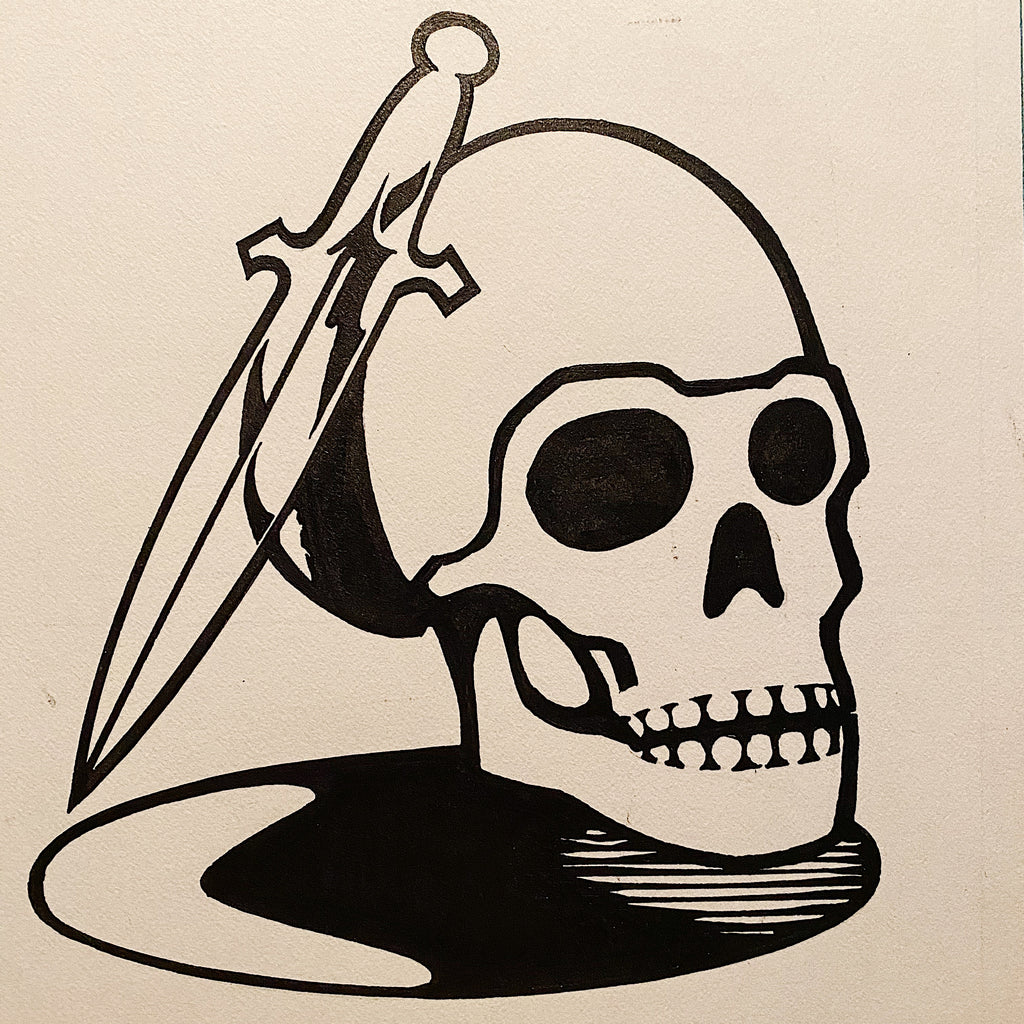 Skull Knife Tattoo Logo Design - Ink on Paper - 1990s? - Flash Art - Underground Artwork - Vinyl Store Logo