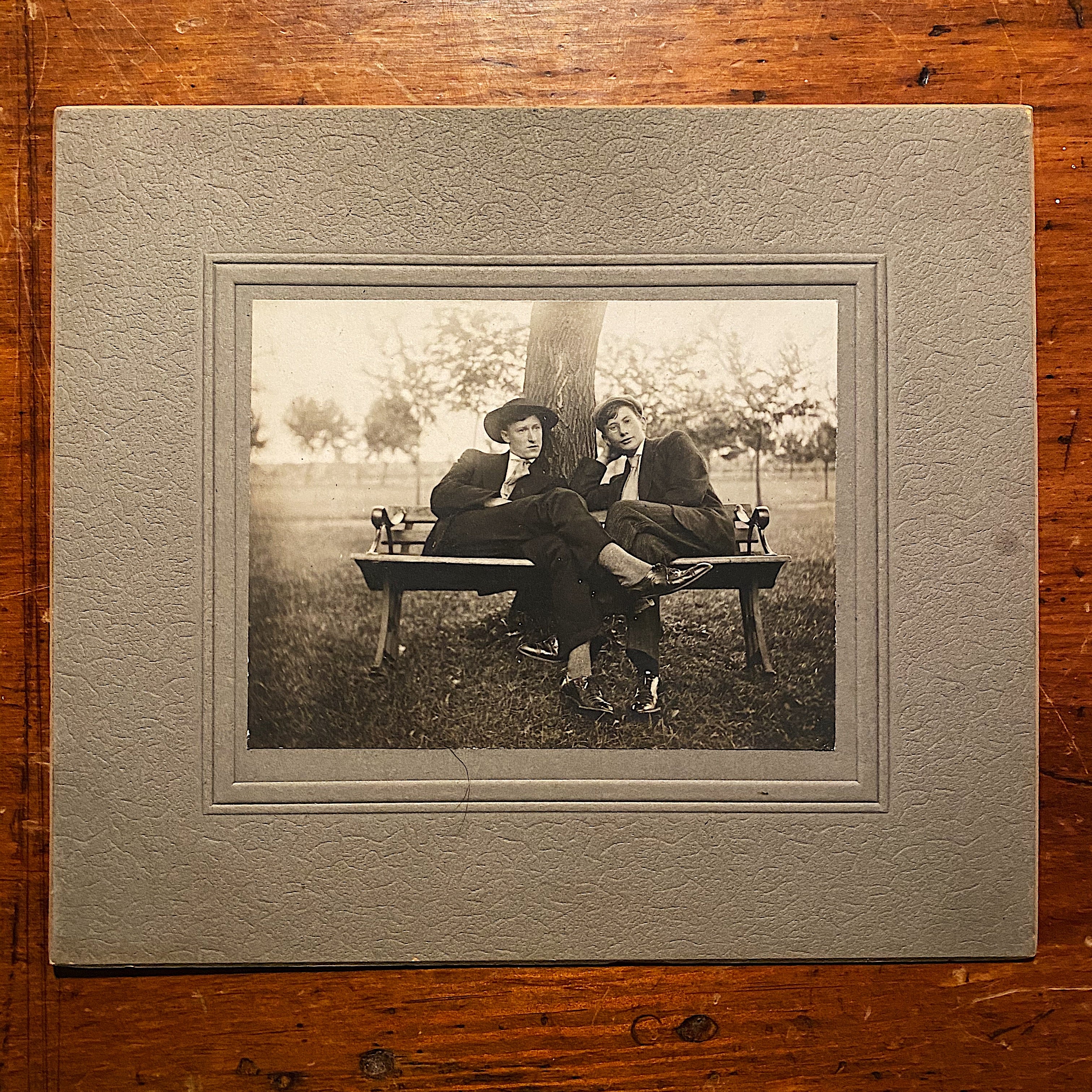 Antique Photograph of 2 Gents Lounging on a Bench - Early 1900s - Rare Unusual Scene - Oscar Wilde - Silver Gelatin Print  with Backing