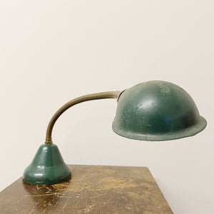 Antique Hubbell Gooseneck Lamp with Rare Metal Base - 1920s Industrial Brass Task Light - Green Machinist Lamps - Large Unusual Table Lights