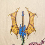 Vintage Tattoo Flash Art of Guitar Dragon - 1992 - Signed Mystery Artist - Original Heavy Metal Artwork 