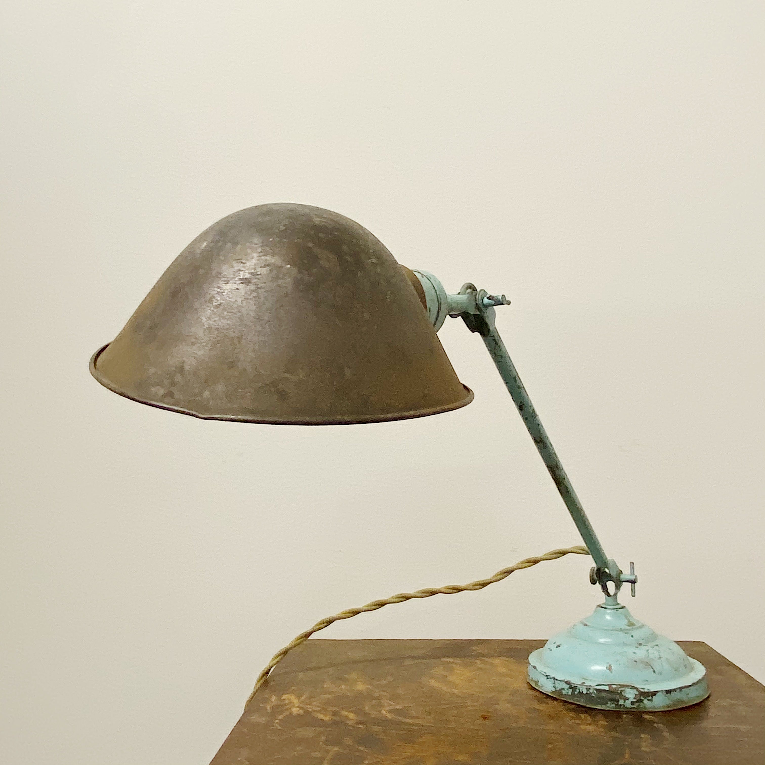Front view of Faries Articulating Lamp with Light Blue Base - Early 1900s Industrial Table Light - Rare Antique Telescoping Desk Lamp - Cool Lamps
