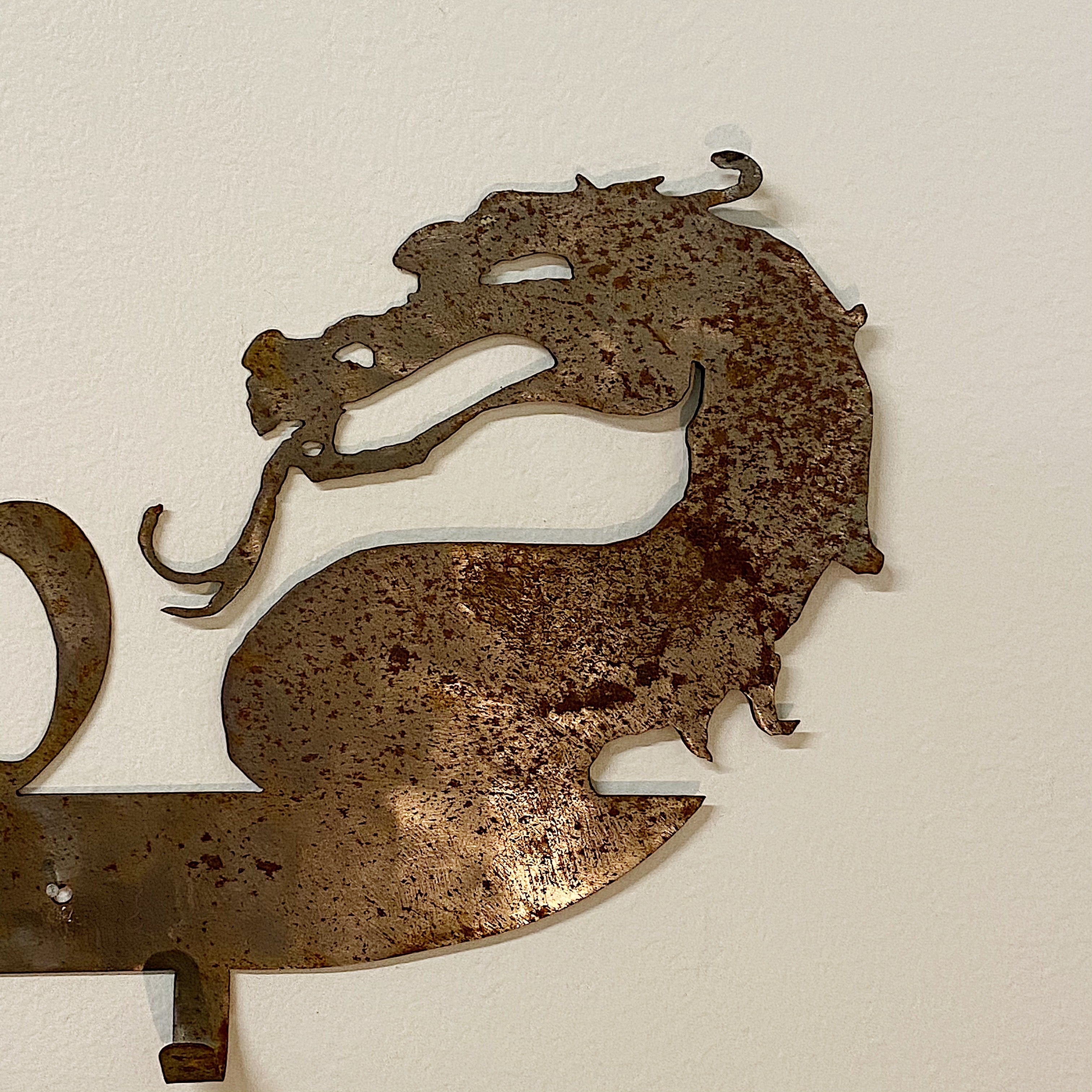 Dragon head from Vintage Tae kwon do Sign with Dragons Hooks Rust - 1980s Sheet Metal Artwork - Cobra Kai - Martial Arts Wall Deco - Cool Hanger- Rare Signs