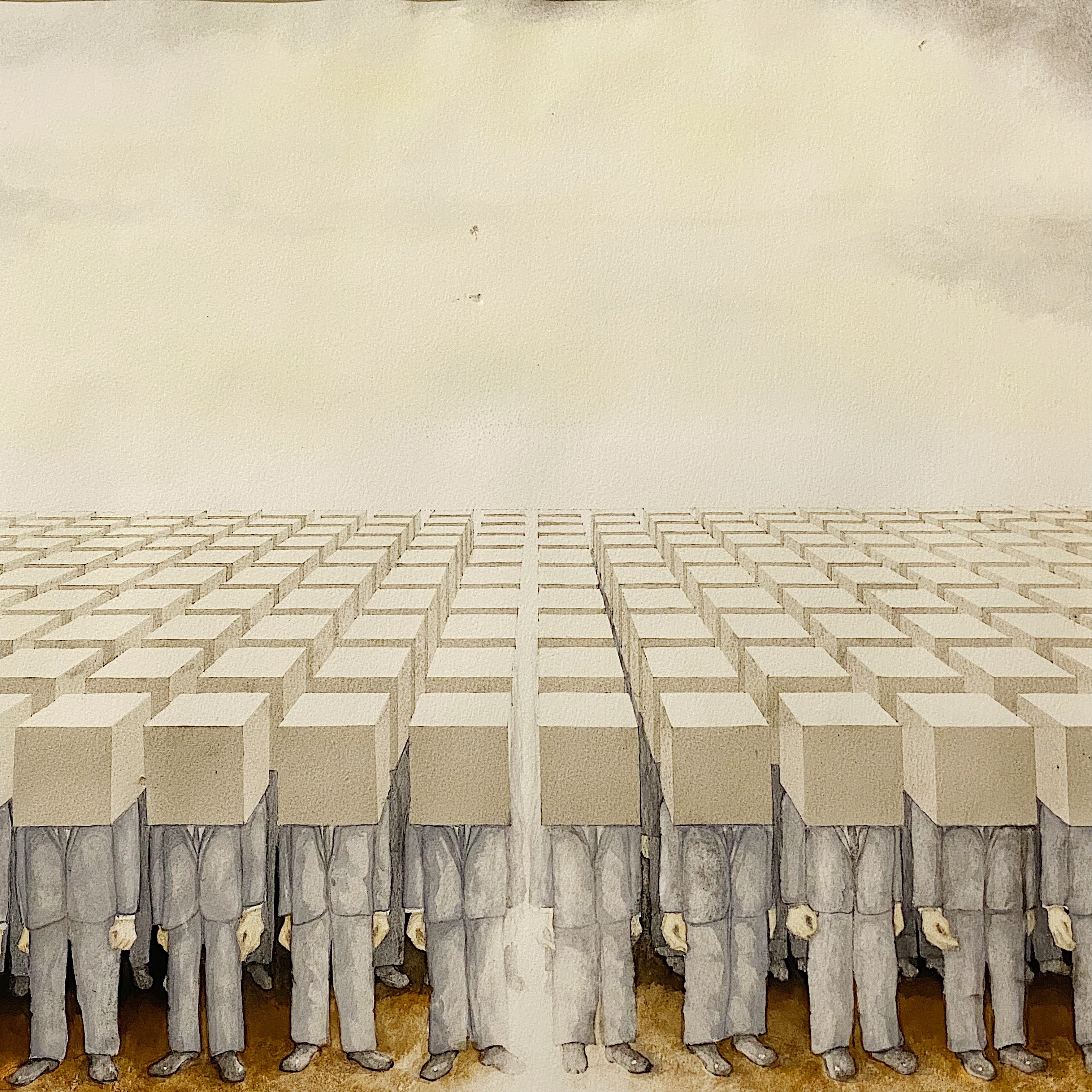 1980s Surreal Painting of Blockhead Suits | Apple Computer Surrealism Signed Janek 1982 Silicon Valley Vintage