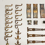 Hooks from Large Lot of Victorian Era Architectural Hardware - Eastlake - Turn of the Century - 90 Brass Antique Elements - Early 1900s - Japanned