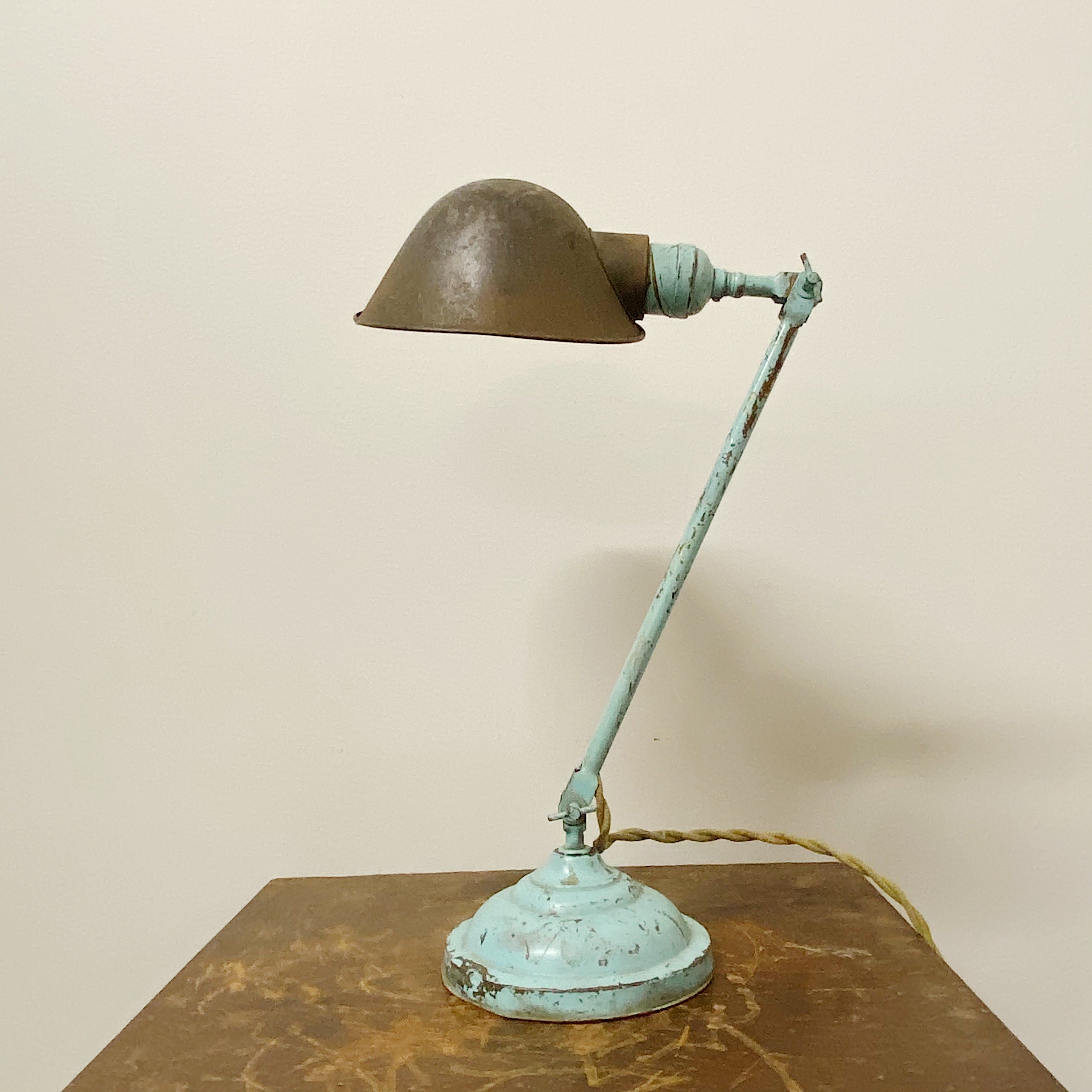 Faries Articulating Lamp with Light Blue Base - Early 1900s Industrial Table Light - Rare Antique Telescoping Desk Lamp - Cool Lamps