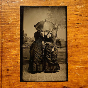 Rare Antique Tintype of Women Hiding Behind Open Umbrella - 1880s - Unusual 19th Century Collectible Photography - Strange Old Image -