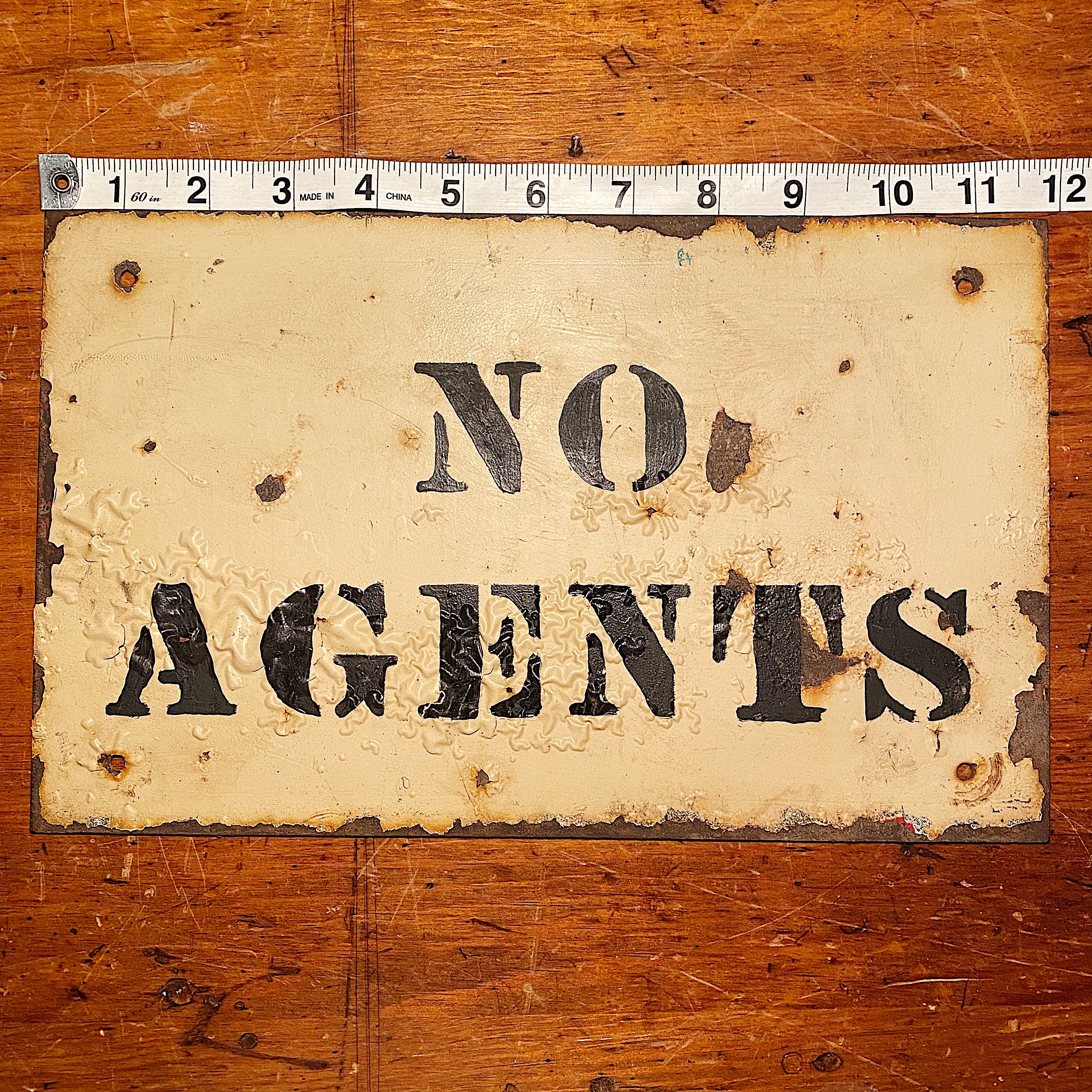 Vintage No Agents Metal Sign with Cool Patina | 1940s