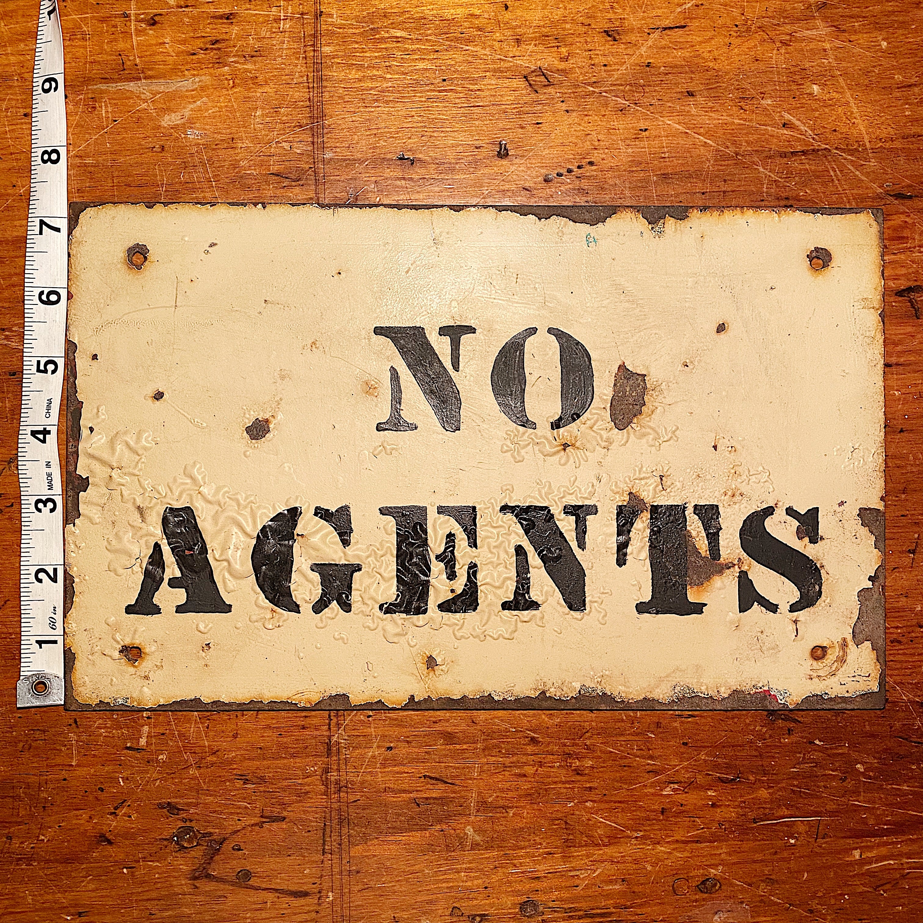 Vintage No Agents Metal Sign with Cool Patina | 1940s