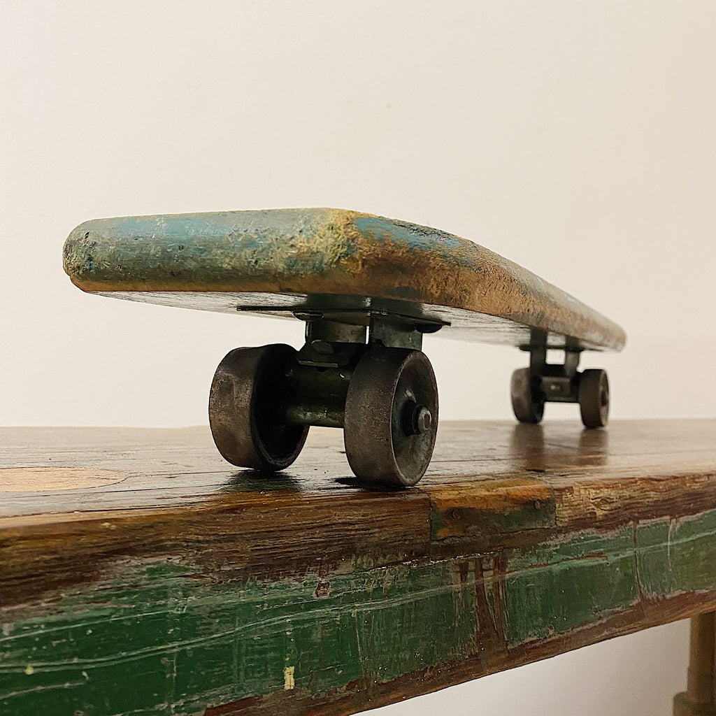 1950s Wood Skateboard with Unusual Deck Form - Rare Vintage Skateboards with Metal Wheels - Historical Handmade Boards - Cool History