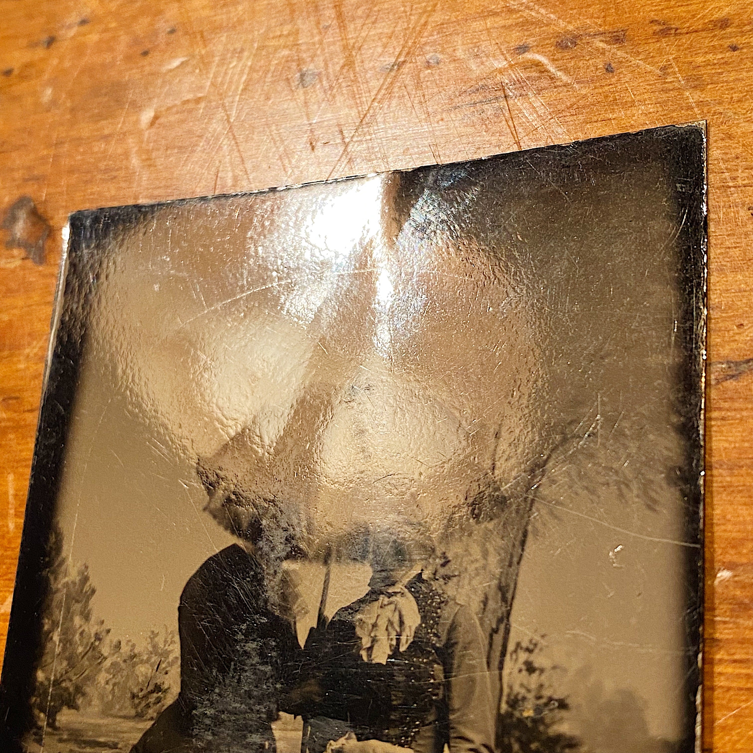 Rare Antique Tintype of Women Hiding Behind Open Umbrella