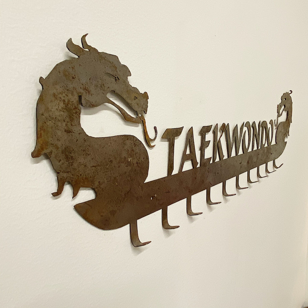 Cool Vintage Tae kwon do Sign with Dragons Hooks Rust - 1980s Sheet Metal Artwork - Cobra Kai - Martial Arts Wall Deco - Cool Hanger- Rare Signs