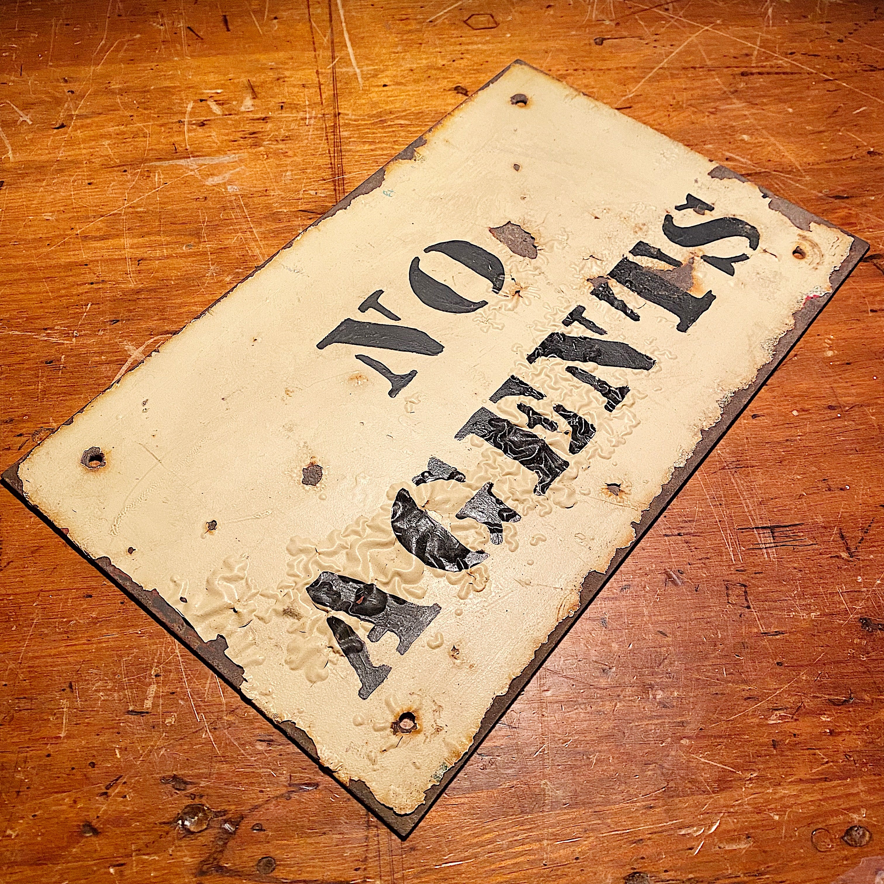 Vintage No Agents Metal Sign with Cool Patina - 1940s Anti-Salesman Stencil Signs - No Trespassing - Get Out - Rare Man Cave Decor
