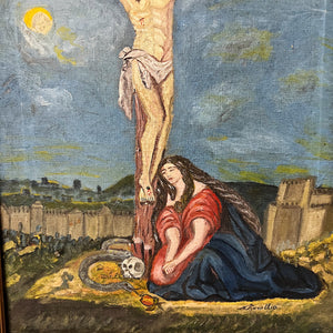 Rare Antique Crucifixion Painting with Skull and Snake - Early 1900s Folk Art - Signed N. Kanellis - Iowa Origins - Unusual Outsider Art